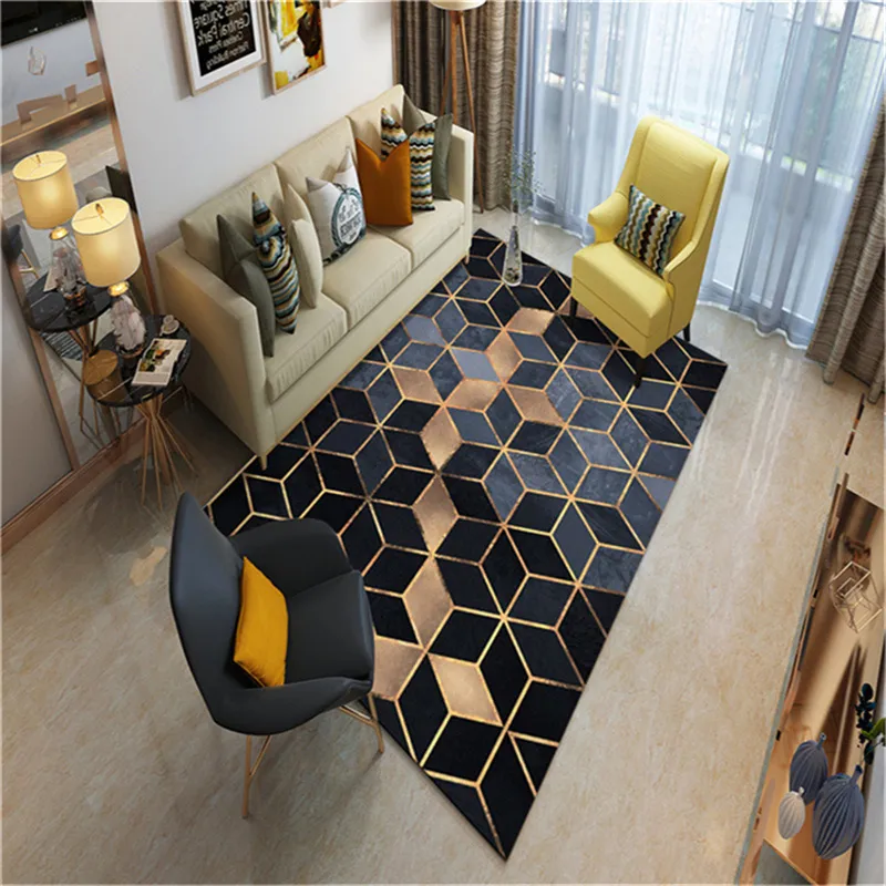 living room rug Black gold Plaid aesthetic Kid Washable lint-free Printing Floor carpet sofa Table Bedroom Decor Soft Large mat 220301