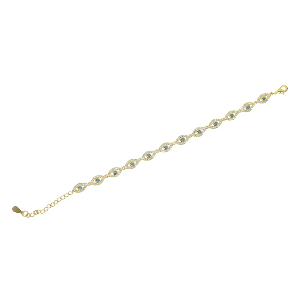 Bracciale collegato con micro pavimentazioni in oro riempito di oro 15 + 4 cm con perline di fascino turco del malocchio turco gioielli di moda donna ragazza