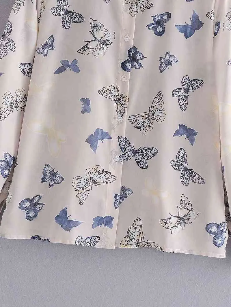 Mariposa impresión gasa blusas mujeres manga larga botón camisas sexy ver a través de tops 210421