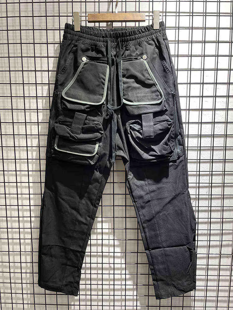 Kaki Noir Gris Pantalon Cargo Hommes Femmes Meilleure Qualité Cordon Haute Rue Salopette Multi-poches H1223