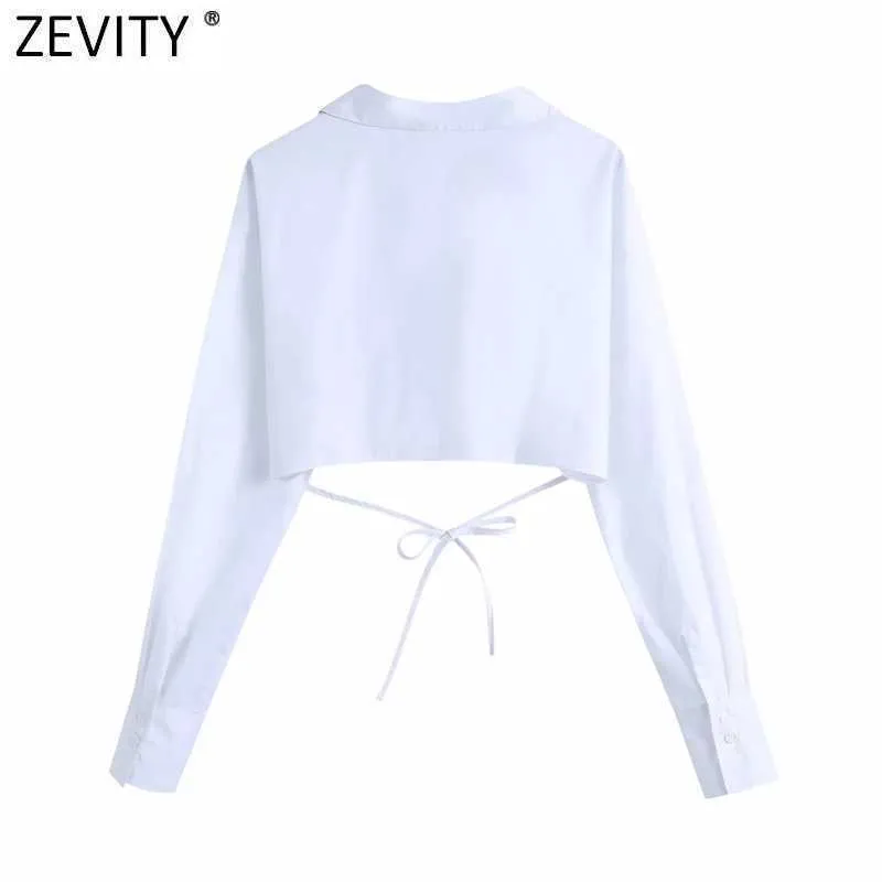 Zevity mujeres moda Cruz cuello pico dobladillo lazo atado blusa corta mujer manga larga Kimono camisas Chic Crop Blusas Tops LS90081 210603