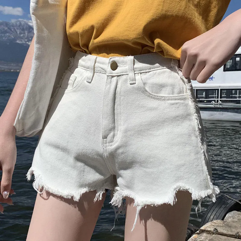 Sommer Frauen Streetwear Loch Breites Bein Schwarz Denim Shorts Casual Weibliche Lose Einfarbig Mode Weiße Jeans 210430