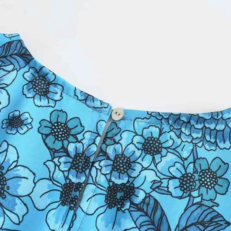 Zomer vrouwen bloemen print tiered ruche blauw mini jurk vrouwelijke drie kwart mouw kleding casual dame losse vestido D7737 210430