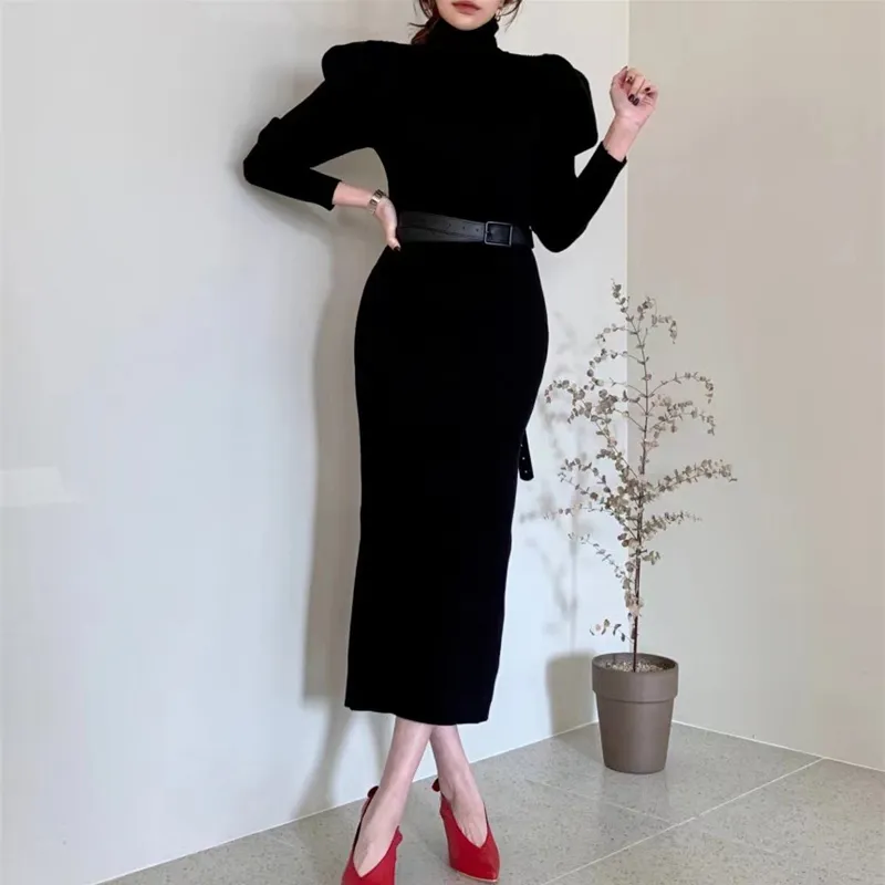 Elegant Winter Sweaters Dress Woman Solid Black Turtleneck Autumn Knitted Robe Hiver Slim Bodycon Dresses 19156 210415