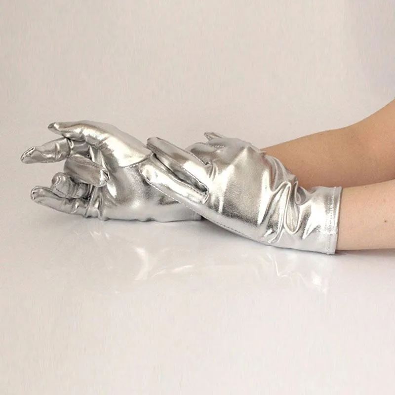 Fashion Gold Silver Wet Look Fake Leather Metallic Gloves Women Sexy Latex Evening Party QERFORMANCE Mittens Five Fingers2971