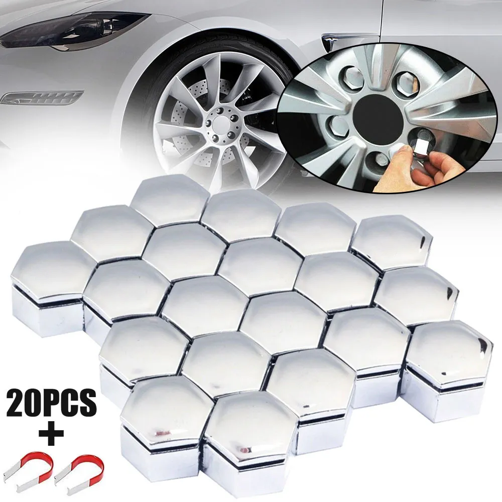 Car Exterior Decoration 20pcs Chrome 22MM Wheel HEX Nut Bolt Cap Cover+Removal Tool Universal