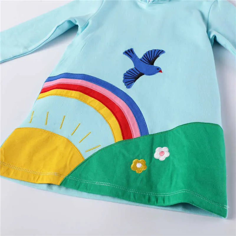 Jumping Meters Coton Enfants Filles Oiseau Hoodies Robe À Manches Longues Enfants Fille Fantaisie Arc-En-Robes Bébé Vêtements À Capuche 210529