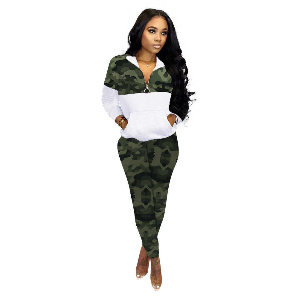 Winter Sale Ladies Casual Pullover Front Pocket Sweatshirts+Camouflage Straight Pants Plus Size Women Clothing Two Piece Set 210604