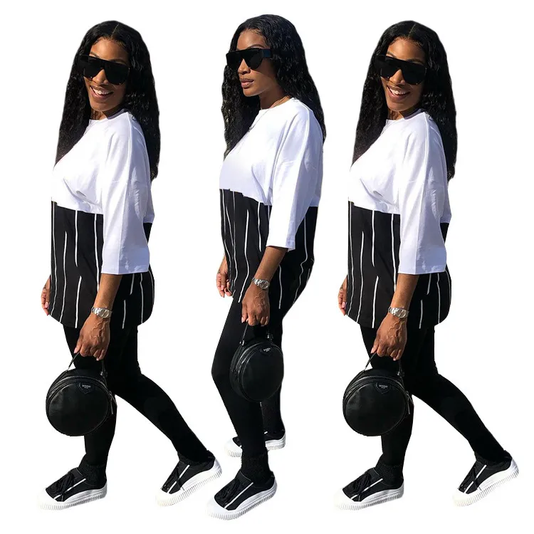 Черный белый пэчворк трексуит 2 штных штанов устанавливает женщин лаундж одежды с длинным рукавом толстовка топногистые jogger Leggings бесплатно 210525