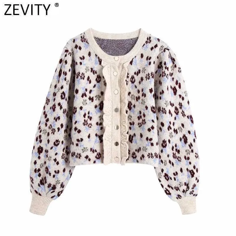 ZEVITY Kadın Moda O Boyun Fener Kol Leopar Baskı Rahat Kısa Örgü Kazak Femme Chic Ruffles Hırka Tops S523 210603