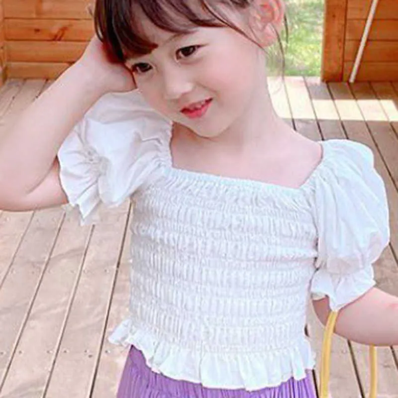 Sommar koreansk stil puff ärm prinsessa blusar ren färg söta pläterade skjortor barnkläder och 210528