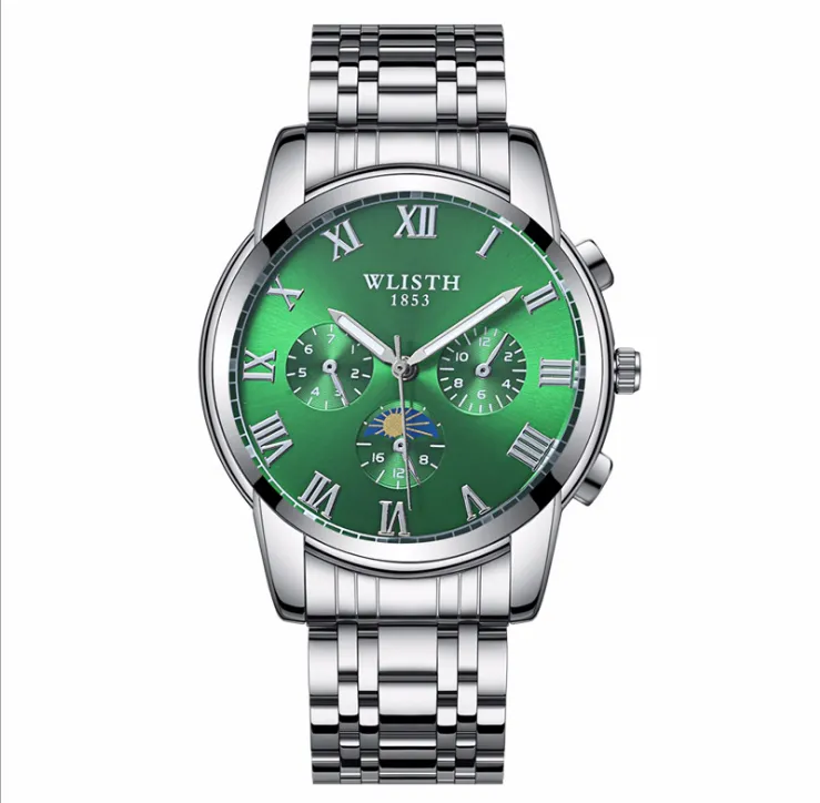 Wlisth relógio masculino de quartzo com submostradores não funcionais, mostrador luminoso, pulseira de aço inoxidável à prova d'água, relógios de pulso 2374