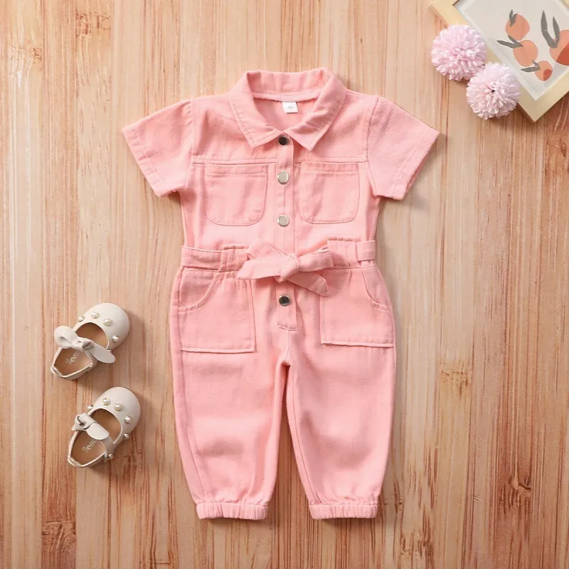 Bébé Garçon Fille Barboteuse Jean Infant Enfant Enfant Bouton Combinaison À Manches Courtes Casual Ensemble Été Printemps Vêtements 1-6Y 220211