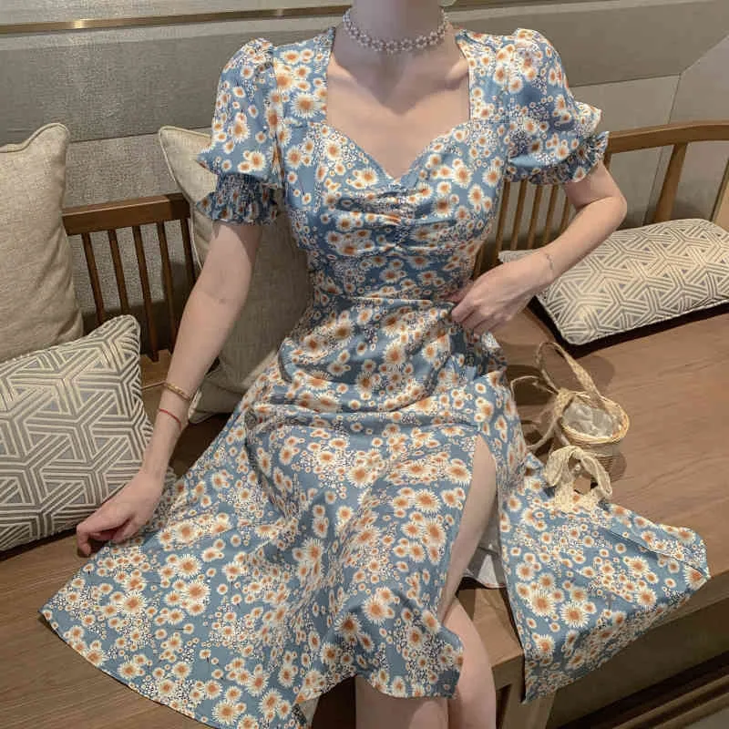 Korean Chic Vintage Daisy Print Dress Women Puff Sleeve Sundress Robe Femme High Waist A-line Summer Party Vestidos 210514