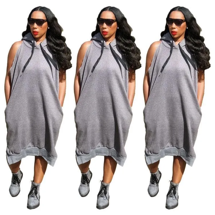 Gray Woman Dresses Summer Recommend Style Loose Vintage Casual Hoodies Boho Midi Dress Streetwear Wholesale 210525