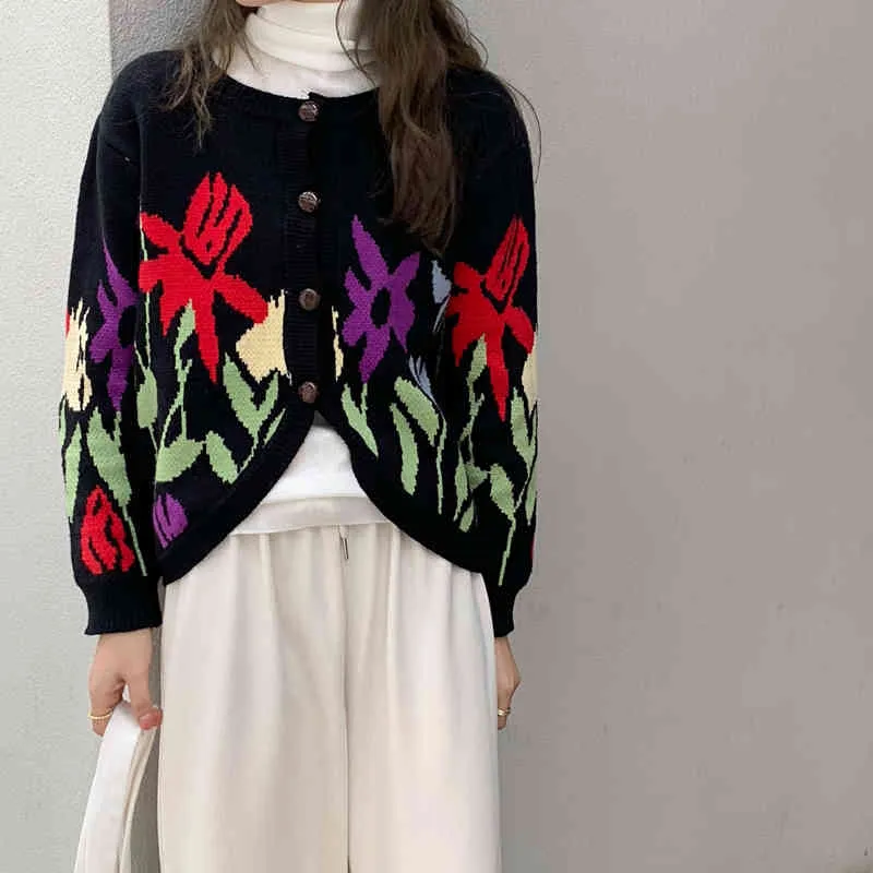 Mild elegant retro patchwork chic blommor cardigans mode vintage färg-hit kvinnor söta stickade tröjor 210421