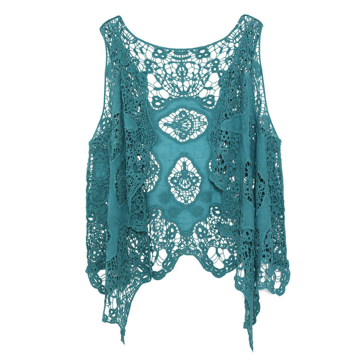 Jastie Hippie Froral Patch Design Vest Retro Vintage Crochet Summer Beach Cover Up Top Asymmetric Open Stitch Kimono Cardigain 210817