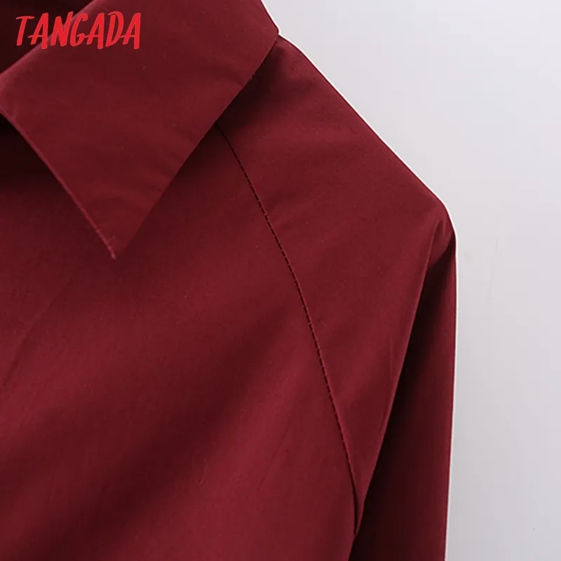 Moda mujer sólido vino rojo camisa manga larga señoras suelta Mini vestido Vestidos 5X46 210416