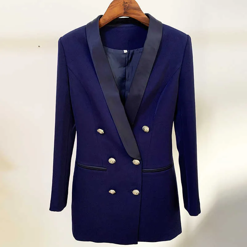 High Street Est designer Blazer Metal Leão Botões Duplo Breasted Xaile Collar Longo Jacket Navy Azul 210930