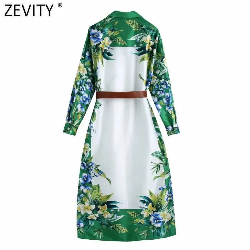 Zevity femmes Vintage vert fleur imprimer décontracté mince Satin chemise robe femme Chic côté fendu ceintures Kimono Vestidos DS8116 210630