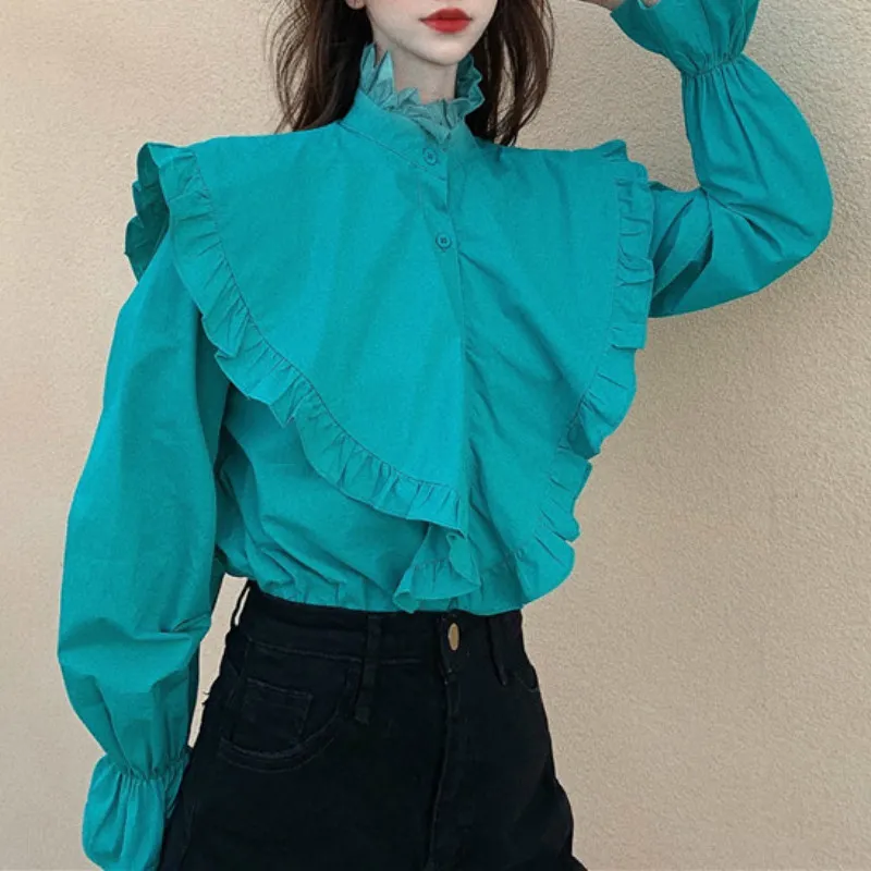 Ezgaga Streetwear femmes Blouse coréen Chic à volants manches longues évasées solide lâche basique dames chemises blanches décontracté Blusas 210430