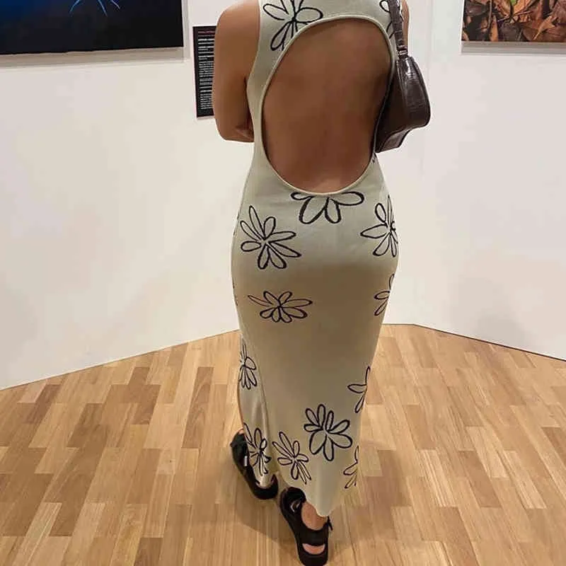 DAISY PRINT вязаное пляжное платье женщины лето разделить O-шеи без спинки Sundress y2k без рукавов Bodycon сексуальная MIDI Party платья 210510