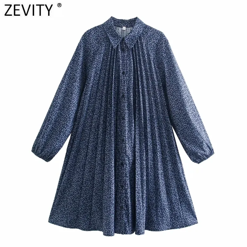 Women Vintage Floral Print Pleated Shirt Dress Femme Chic Turn Down Collar Casual Loose Business Mini Vestido DS5079 210420