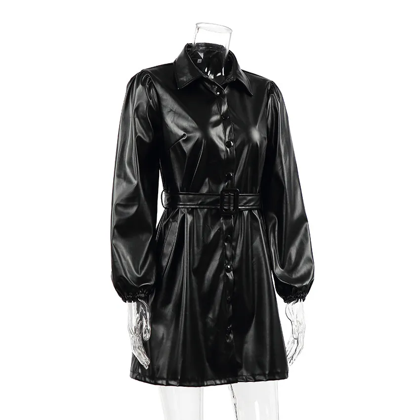 Lederen shirts jurk casual dames revers buttons zwarte pu jurken met riem winter herfst lange mouw vrouwen slanke fit jurk 210521