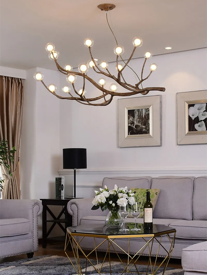 Rustico Ramo di un albero droplight Bolla di vetro Lampadario Illuminazione Bar Lampadari retrò Soffitto Decorazioni la casa vintage Lustri Luce Fixtu268J