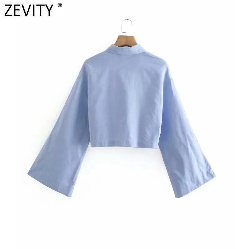 Zevity Women Fashion Pocket Patch Business Smock Bluzka Femme Split Długi Rękaw Breasted Short Shirt Roupas Chic Topy LS9109 210603
