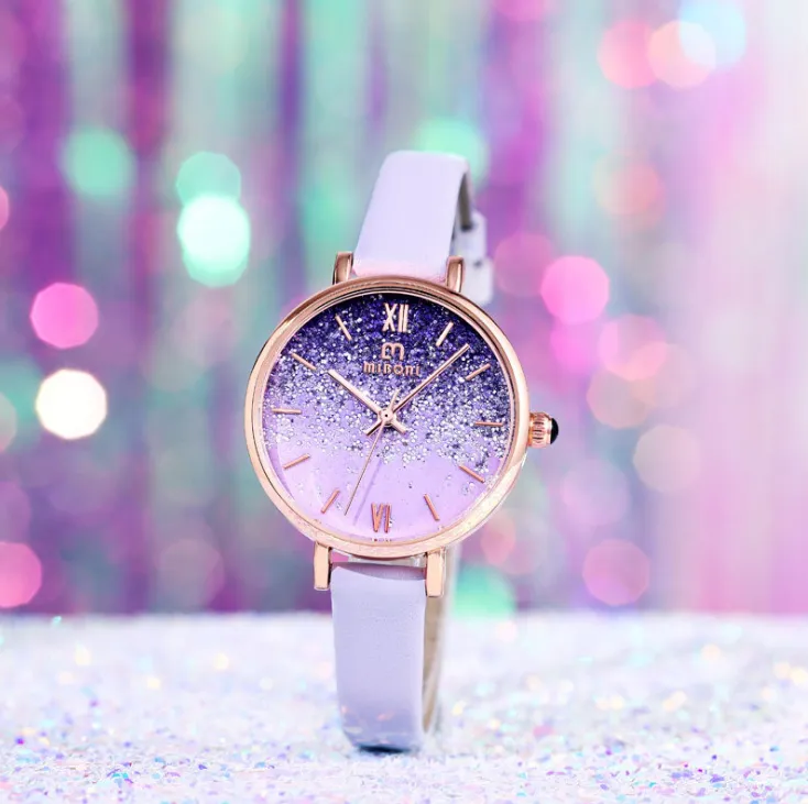 Легкие роскошные кварцевые часы Miboni Starry Sky 2021, женские часы с аметистом, фиолетовые студенческие часы, красивые женские наручные часы343O
