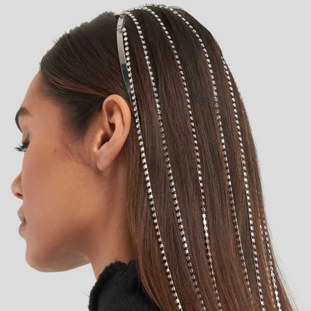 Stonefans Fashion Long Tassel Headband Hair Hoop Smycken för Kvinnor Bridal Crystal Head Chain Tiara 210707
