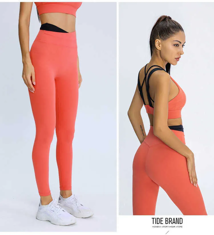 Naked-Feel Yoga Sets Sport Leggings Back Cross Shockproof Bras Gym Workout Kleding Fitness Trainsuits Sportkleding 2 stks Suits 210802