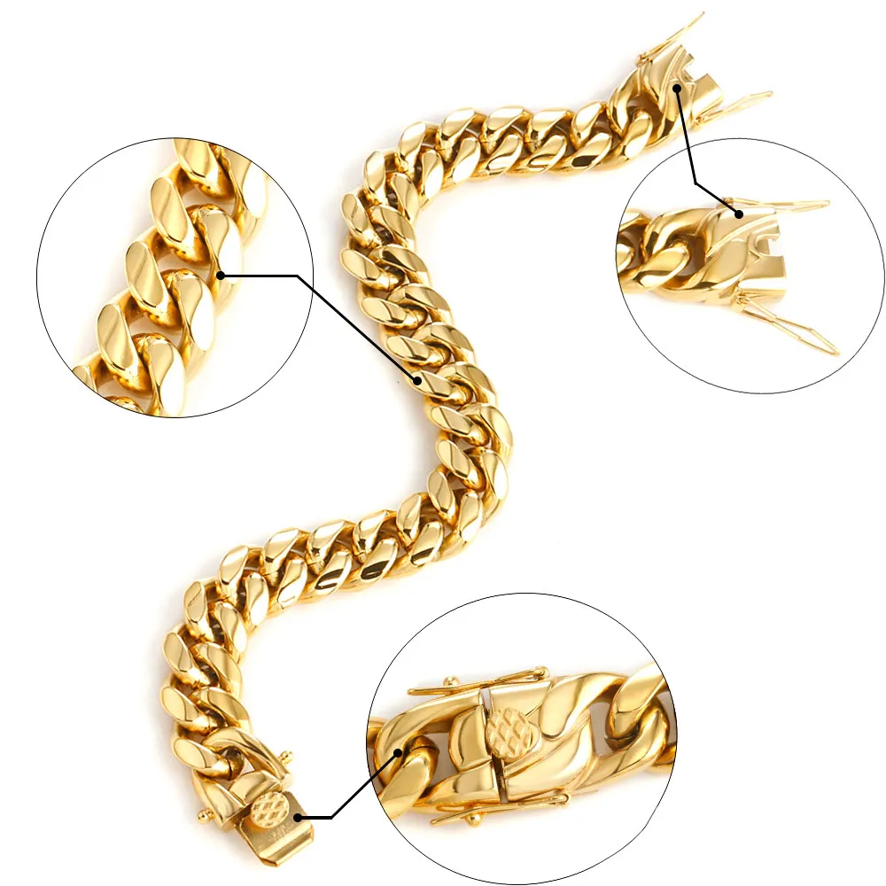 Miami kubanska länkkedjor män kvinnor smycken set hip hop halsband armband 316l rostfritt stål dubbel säkerhet lås clasps trottoarkant cha2518