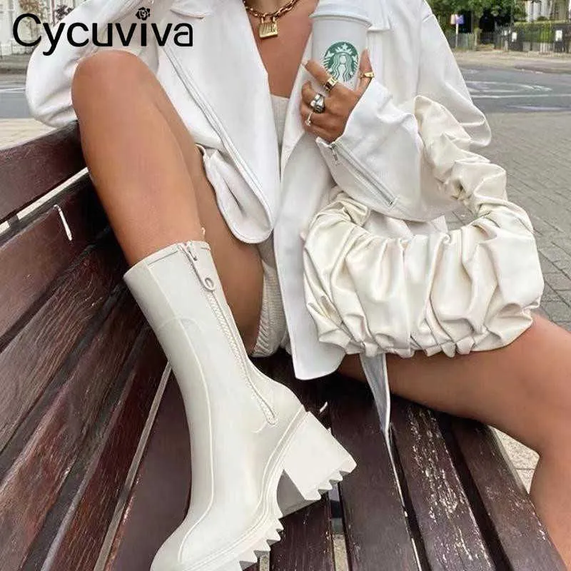 Cycuviva bottes de pluie à bout carré pour femmes talon épais semelle épaisse bottines Designer Chelsea bottes dames botte en caoutchouc chaussures de pluie Y0910