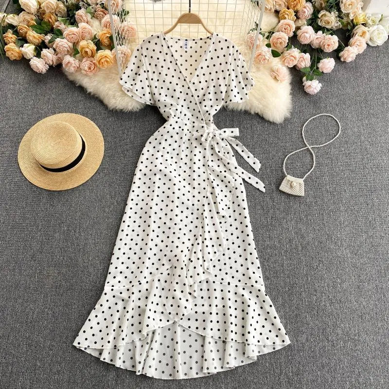 SINGREINY Retro Polka Dot Wrap Dress Women V Neck Short Sleeve A-line Sundress Summer Bohemian Irregular Ruffles Long Dresses 210419