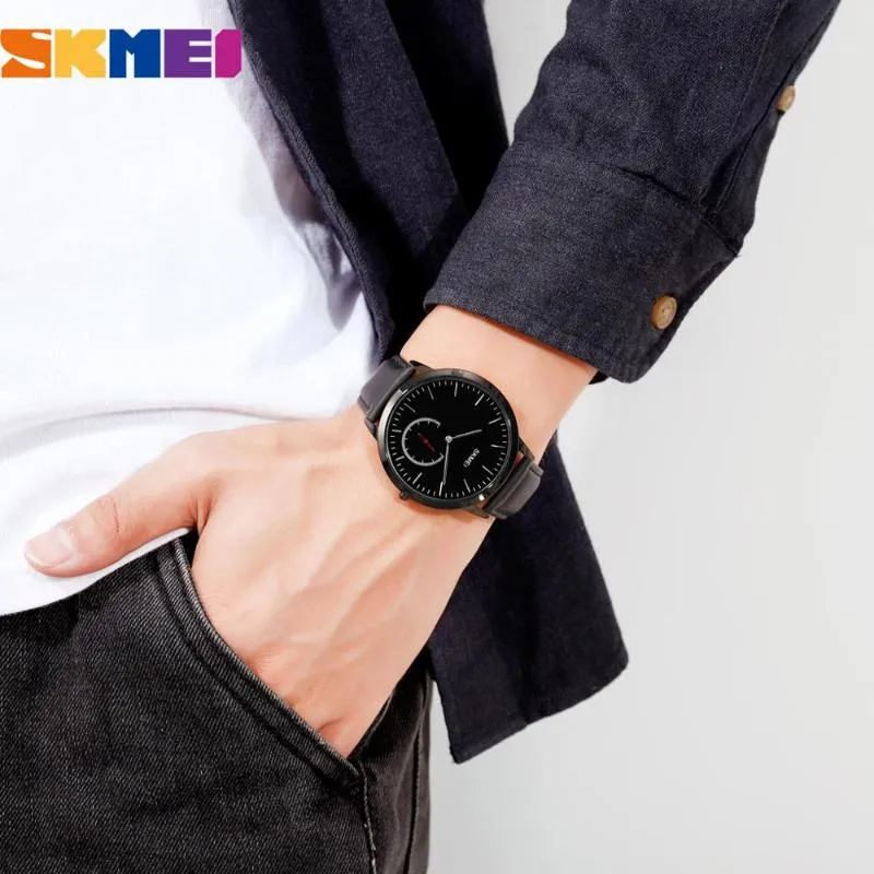 トップブランドアナログクォーツメンズウォッチSkmei Black Minimalism Classic Man Wristwatch Vintage Leather Band Fashion Clock Male 1203K