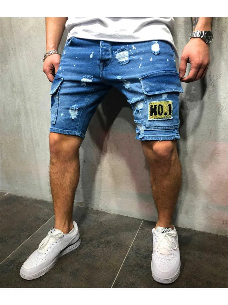 2021 Nowy styl Mężczyźni Rozciągliwy Ripped Skinny Biker Haft Drukuj Jeans Kieszeń Zniszczony Taped Slim Fit High Quality Dżinsowe Szorty X0621