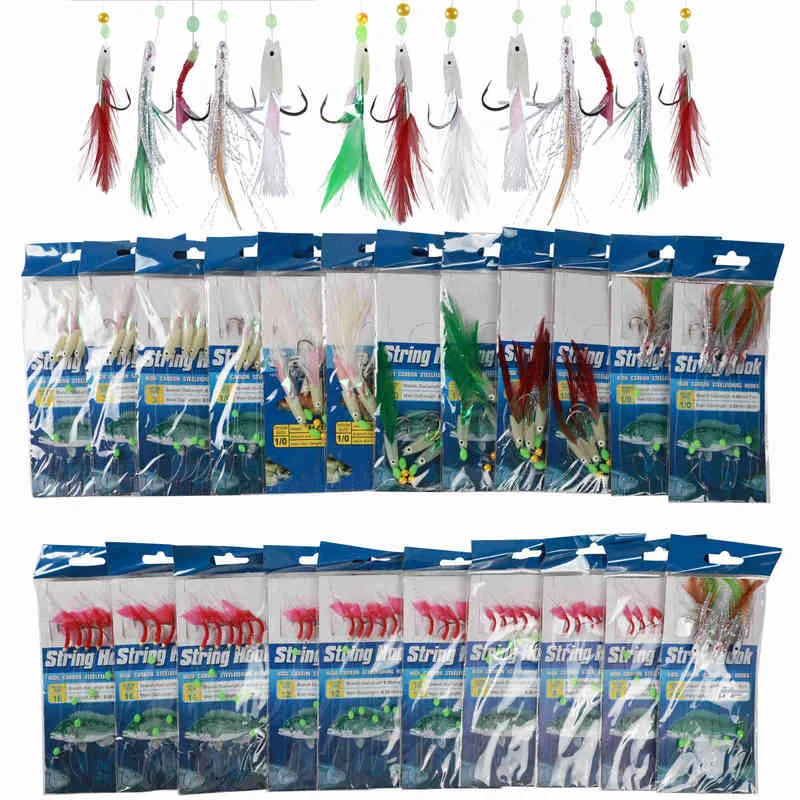 Fish Skin String Hooks Sabiki Rig Luminous Soft Shrimp Fishing Hook Lure Bait Mix Size Tackle Accessories for Freshwater 2114369907