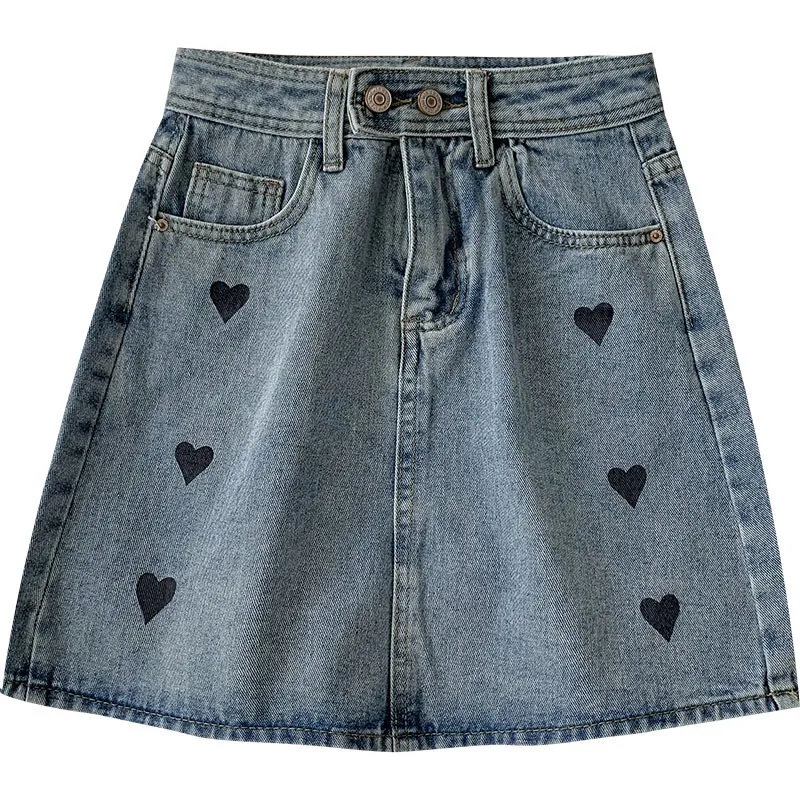 Kimutomo Heart Print Denim Jupe Printemps Été Coréen Taille Haute Élégante Mode Sexy Poches Solides Mini Jupes Casual 210521