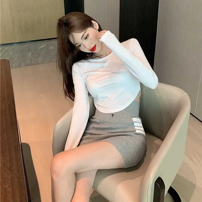Hög midja kort kjol kvinnlig koreansk stil smal passform hip stickad sexig all-match one-steg mini 210604