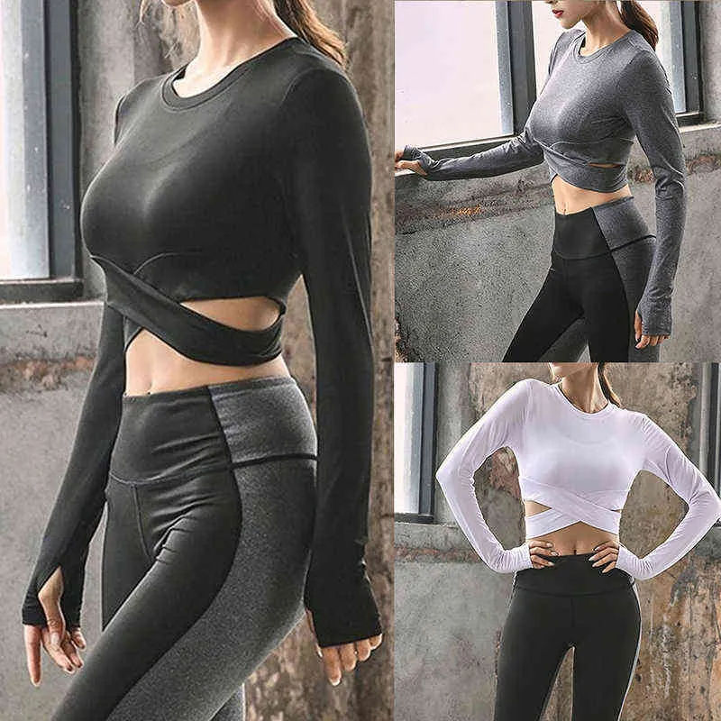 2021 Lange mouwen Running Shirts Dames Sexy Exposed Navel T-shirts Sneldrogende Fitness Gym Crop Tops Solid Sportshirts G220228
