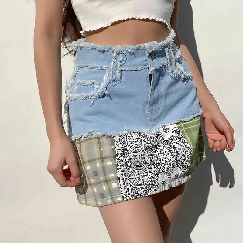 Vintage-Druck, gestreift, Palid, gepatcht, hoch taillierte Miniröcke für Frauen, Sommer, koreanische Mode, A-Linie, kurze Denim-Röcke, Saia 210415