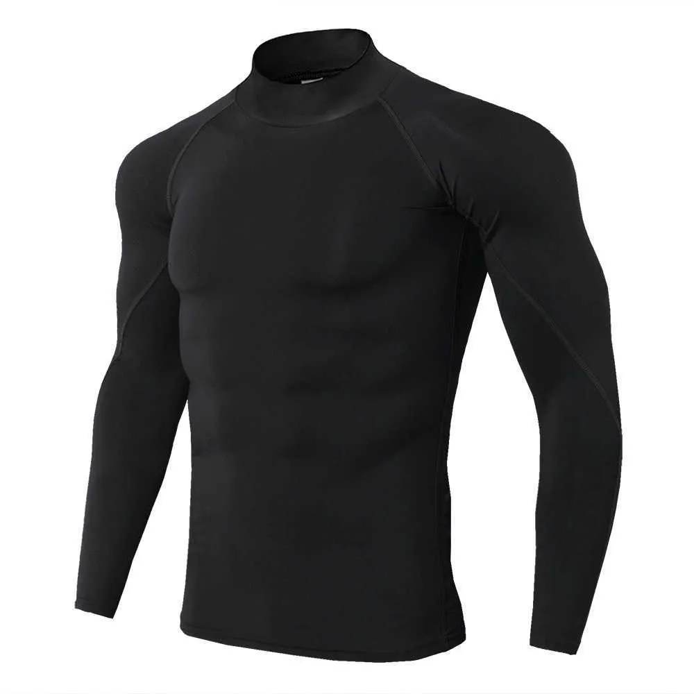 Koszulki ściskające High Collar Mężczyźni Kulturystyka Sportowa Koszulka Koszulka Z Długim Rękawem Top Siłownie T Shirt Fitness Tight Rashgard 210629