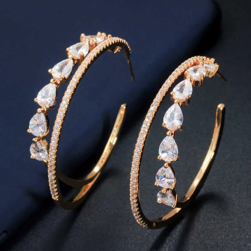 Glitter Luxury White Gold Color CZ Zirconia Crystal Big Double Circle Hoop Örhängen för Kvinnor Mode Smycken CZ600 210714