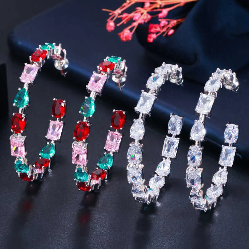 Prachtige roze rode kubieke zirkoon kristal grote ronde hoepel oorbellen voor dames mode party sieraden accessoires CZ760 210714