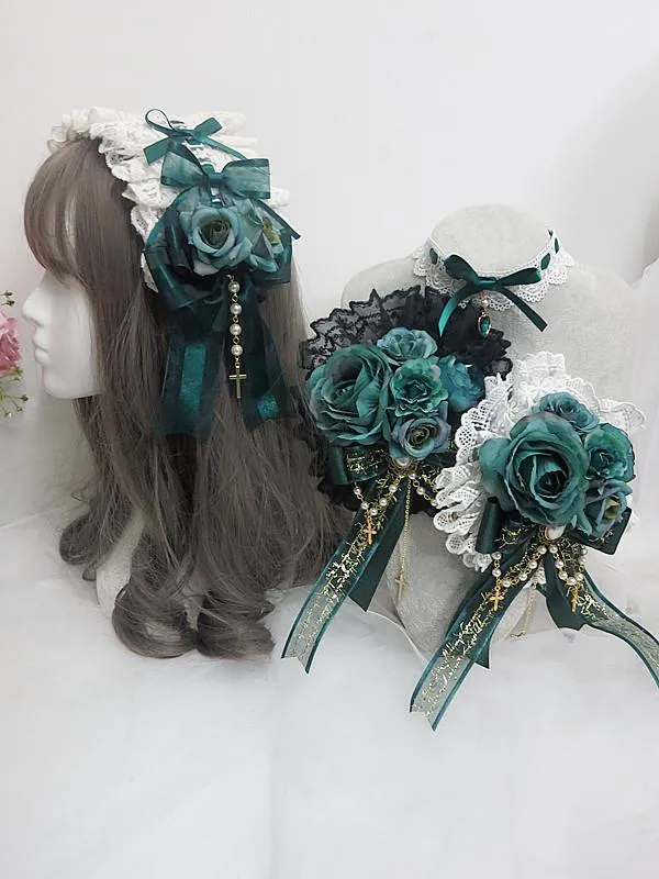 Masques de fête Girl Design Lolita Dentelle Épingles à cheveux Fleur Vert Foncé Perle Croix Gothique Femmes Costume Collier Bandeau Cosplay Headpiec249v