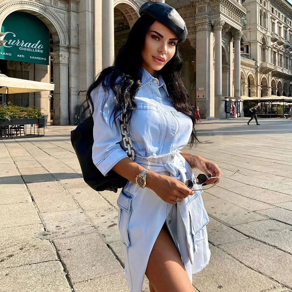 Darmowe Jesienne damskie Retro Denim Set Casual Myted Długa Koszula Wysoka Talia Lace-Up Spódnica Dwuczęściowy 210524