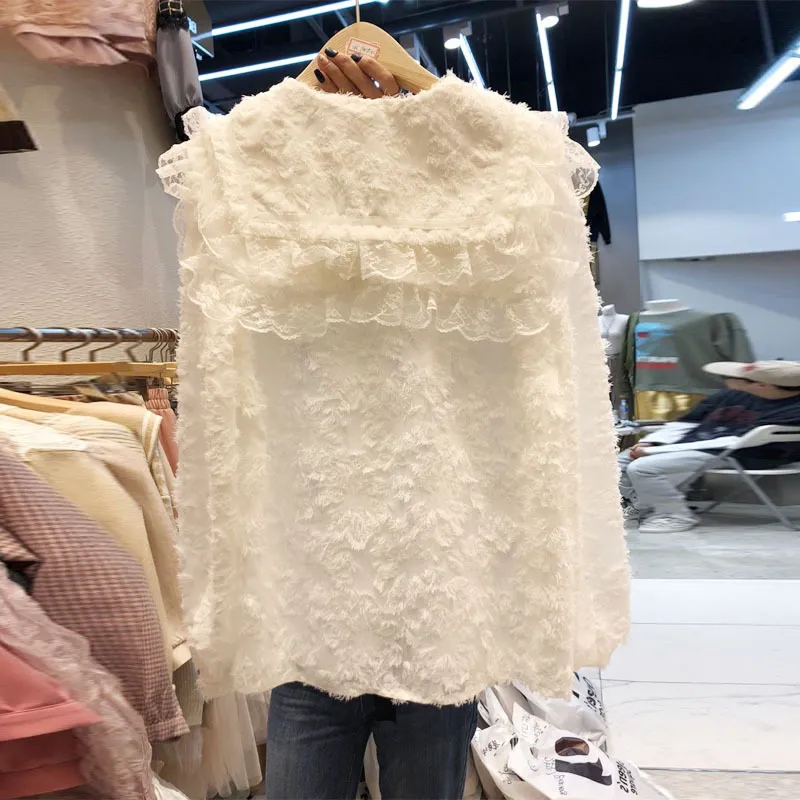 Korobov lente zomer nieuwe chic koreaanse vrouwen blouses elegante shirts met lange mouwen wit Peter Pan Collar Mujer Blusas 210430