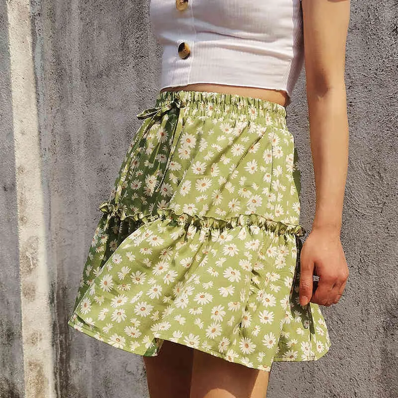 Daisy Print Floral Mini Skirt Women Ruffle Chic Casual Beach Skirt Summer High Waist Holiday Short Skirt Faldas 210415